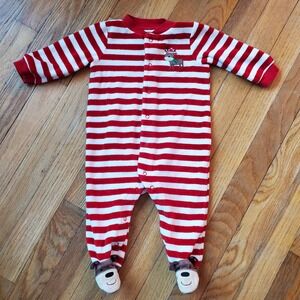 Carters red & white striped reindeer Christmas button up sleeper pj‎ sz 6 months